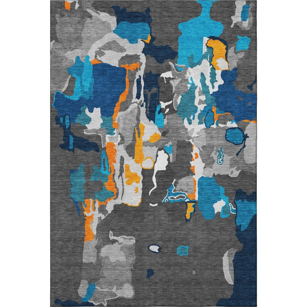 HomeRoots 10' X 14' Charcoal Blue & Orange Abstract Washable Rug - Durable, UV-Protected, Stylish for High-Traffic Areas 680699