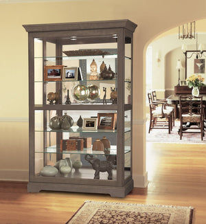 Hekman Furniture 680699 Aged Taupe Curio Cabinet With Beveled Glass, Adjustable Shelves & Dual Lighting For Collectibles Aged Grey Kane V Curio Cabinet 680699