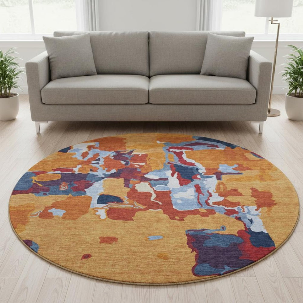 HomeRoots 8' Copper Blue and Orange Abstract Round Rug – Washable, UV Protected, and Stain Resistant Design! 680702