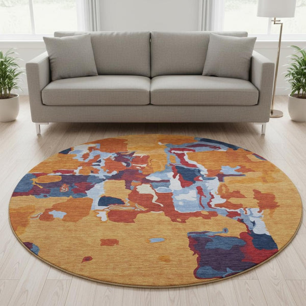 HomeRoots 8' Copper Blue and Orange Abstract Round Rug – Washable, UV Protected, and Stain Resistant Design! 680702