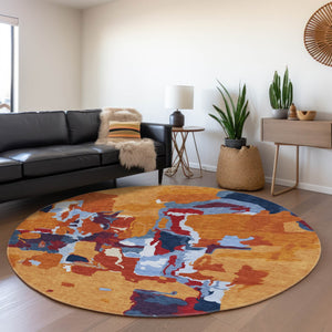 HomeRoots 8' Copper Blue and Orange Abstract Round Rug – Washable, UV Protected, and Stain Resistant Design! 680702