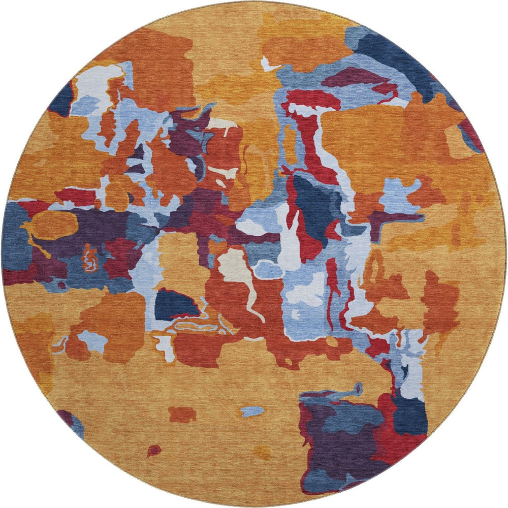 HomeRoots 8' Copper Blue and Orange Abstract Round Rug – Washable, UV Protected, and Stain Resistant Design! 680702