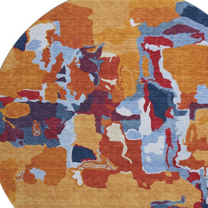 HomeRoots 8' Copper Blue and Orange Abstract Round Rug – Washable, UV Protected, and Stain Resistant Design! 680702