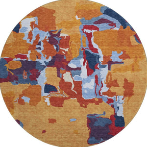 HomeRoots 8' Copper Blue and Orange Abstract Round Rug – Washable, UV Protected, and Stain Resistant Design! 680702