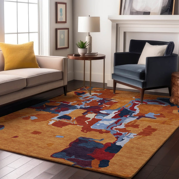 HomeRoots 9' X 12' Bold Copper, Blue & Orange Abstract Area Rug - Washable with UV Protection for Busy Homes 680704