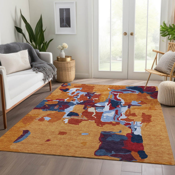HomeRoots 9' X 12' Bold Copper, Blue & Orange Abstract Area Rug - Washable with UV Protection for Busy Homes 680704