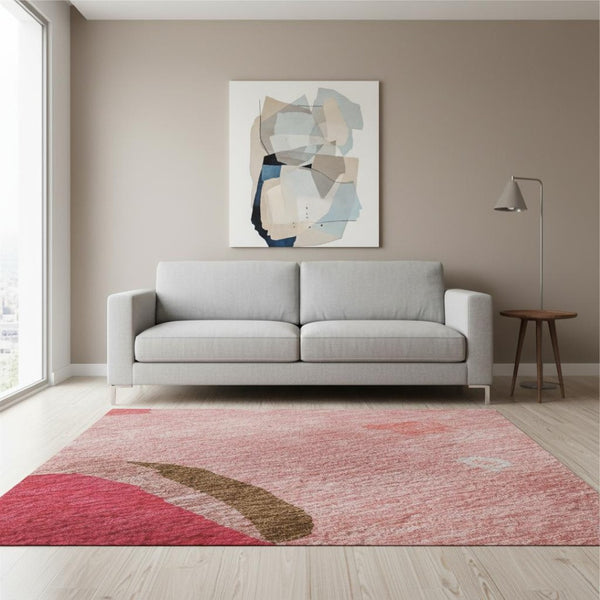 HomeRoots 5' X 8' Coral Pink Abstract Area Rug - Washable, UV-Protected, Durable for Family-Friendly Spaces 680707