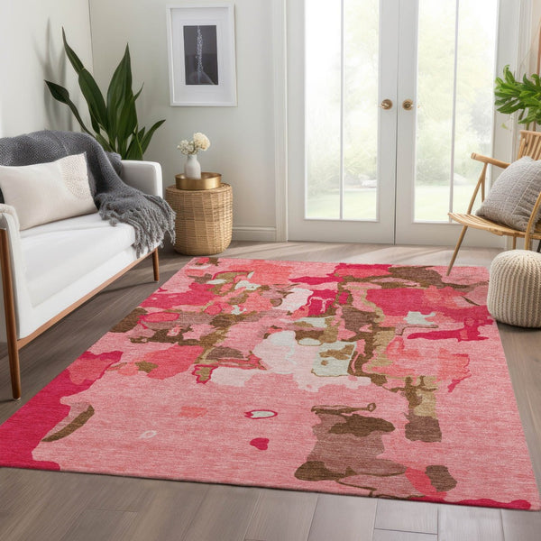 HomeRoots 5' X 8' Coral Pink Abstract Area Rug - Washable, UV-Protected, Durable for Family-Friendly Spaces 680707