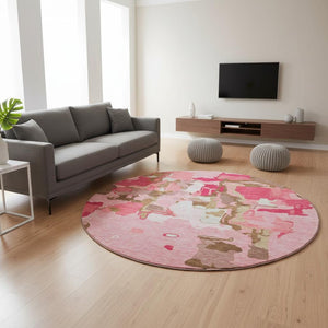 HomeRoots 8' Coral Pink and Ivory Abstract Washable Round Rug - UV Protected, Easy-Care, Stylish Design for Home 680708