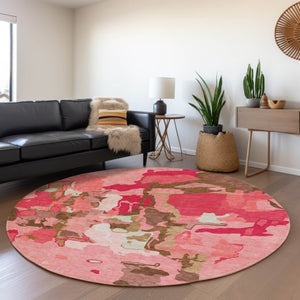 HomeRoots 8' Coral Pink and Ivory Abstract Washable Round Rug - UV Protected, Easy-Care, Stylish Design for Home 680708