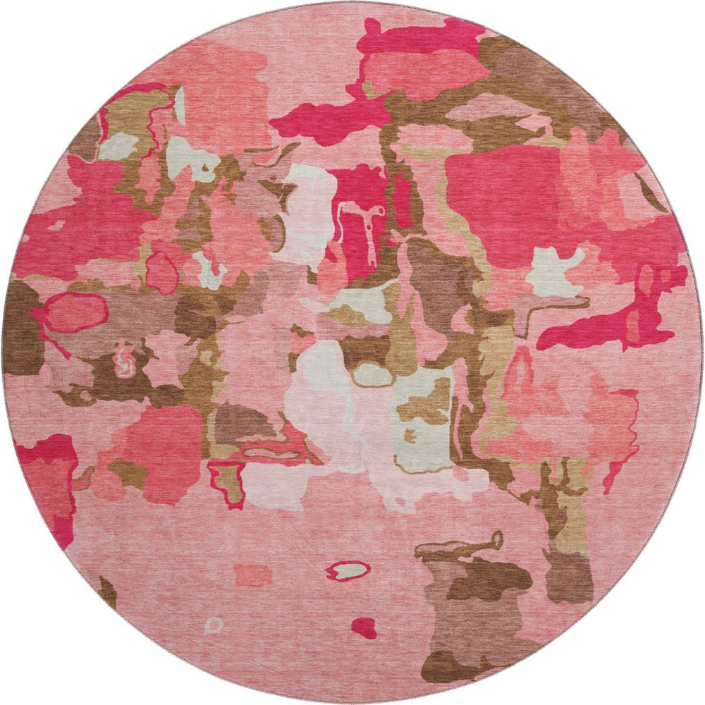 HomeRoots 8' Coral Pink and Ivory Abstract Washable Round Rug - UV Protected, Easy-Care, Stylish Design for Home 680708