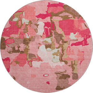 HomeRoots 8' Coral Pink and Ivory Abstract Washable Round Rug - UV Protected, Easy-Care, Stylish Design for Home 680708