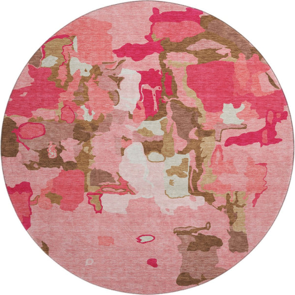 HomeRoots 8' Coral Pink and Ivory Abstract Washable Round Rug - UV Protected, Easy-Care, Stylish Design for Home 680708