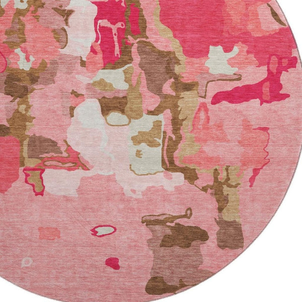 HomeRoots 8' Coral Pink and Ivory Abstract Washable Round Rug - UV Protected, Easy-Care, Stylish Design for Home 680708