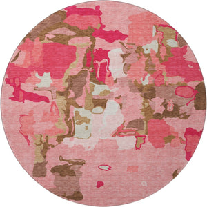 HomeRoots 8' Coral Pink and Ivory Abstract Washable Round Rug - UV Protected, Easy-Care, Stylish Design for Home 680708
