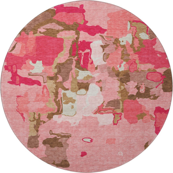 HomeRoots 8' Coral Pink and Ivory Abstract Washable Round Rug - UV Protected, Easy-Care, Stylish Design for Home 680708