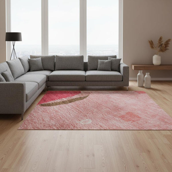 HomeRoots 9' X 12' Coral Pink and Ivory Abstract Area Rug - Machine Washable, UV Protection, Easy Care! 680710