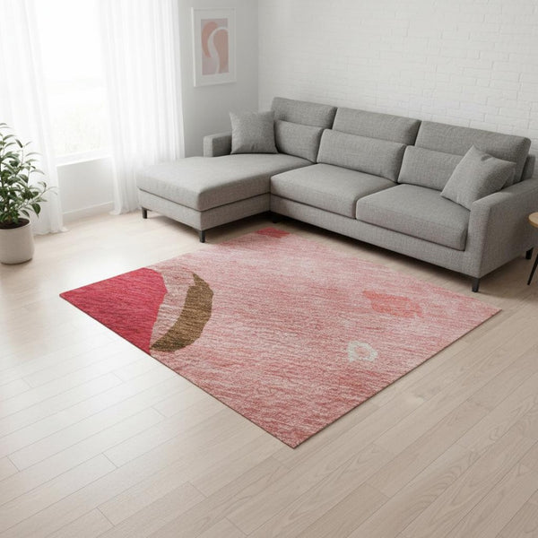 HomeRoots 10' Coral Pink and Ivory Abstract Area Rug - Washable, UV Protected, Soft, Stain-Resistant & Durable 680711