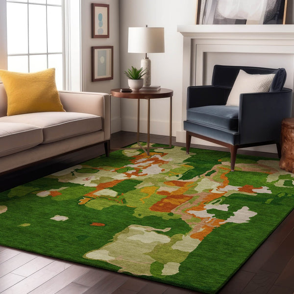 HomeRoots 5' X 8' Vibrant Green, Copper & Orange Abstract Washable Area Rug with UV Protection & Durability 680713