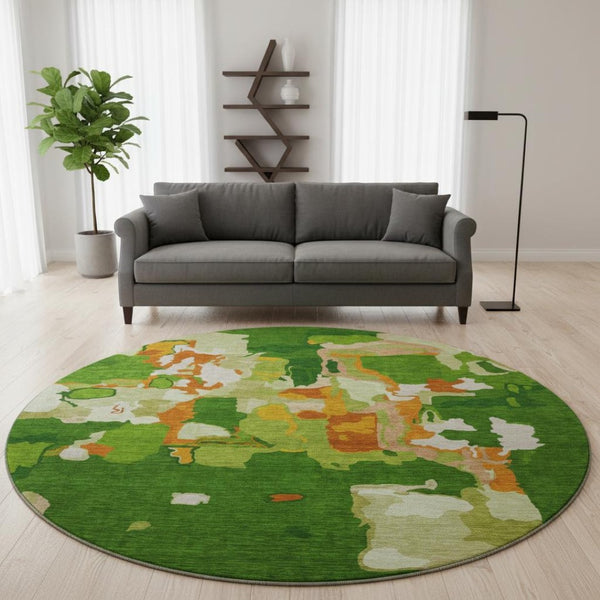 HomeRoots 8' Green Copper and Orange Abstract Round Rug - Washable, UV-Protected, Soft and Stylish Decor Piece 680714