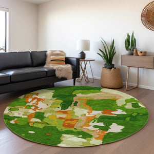 HomeRoots 8' Green Copper and Orange Abstract Round Rug - Washable, UV-Protected, Soft and Stylish Decor Piece 680714