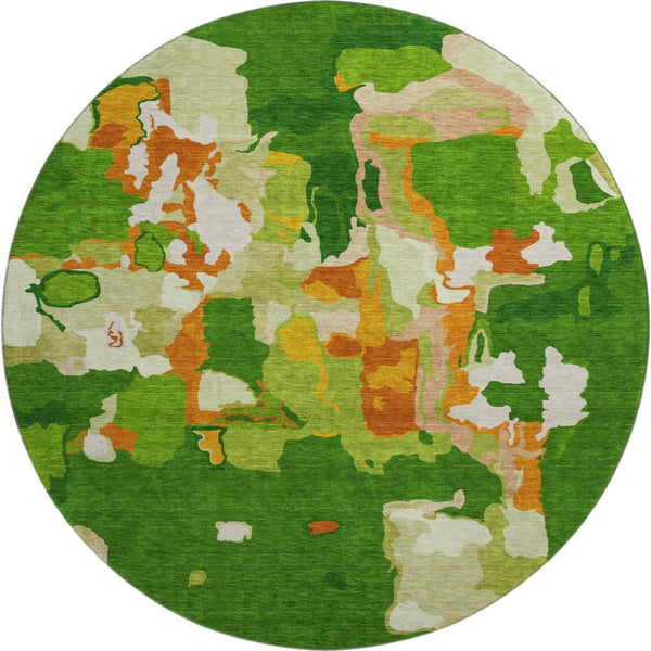 HomeRoots 8' Green Copper and Orange Abstract Round Rug - Washable, UV-Protected, Soft and Stylish Decor Piece 680714