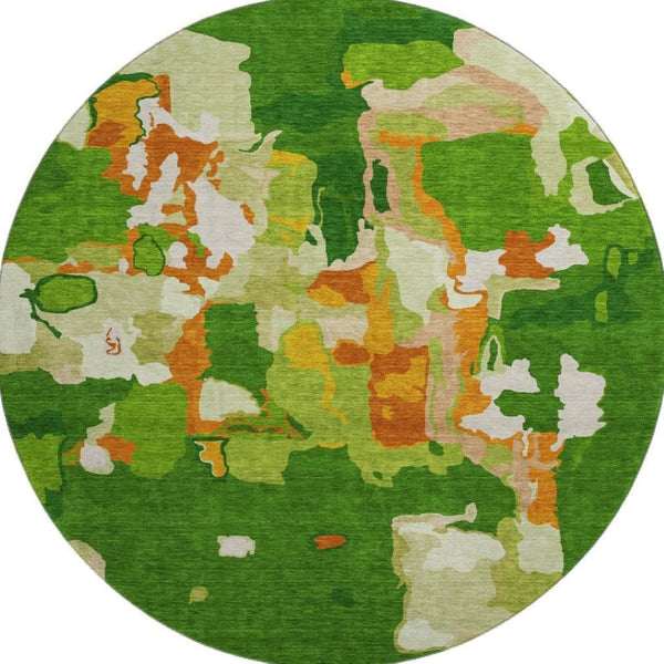 HomeRoots 8' Green Copper and Orange Abstract Round Rug - Washable, UV-Protected, Soft and Stylish Decor Piece 680714