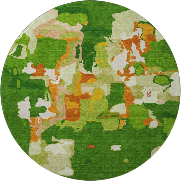 HomeRoots 8' Green Copper and Orange Abstract Round Rug - Washable, UV-Protected, Soft and Stylish Decor Piece 680714