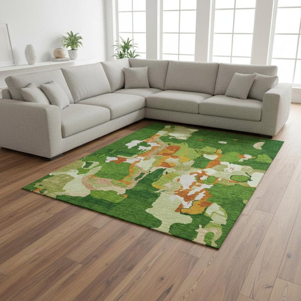 HomeRoots 9' X 12' Contemporary Abstract Area Rug in Green, Copper & Orange - Washable, UV Protected & Stylish! 680716