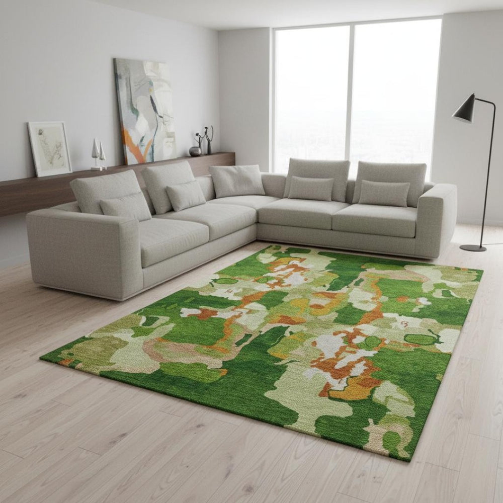 HomeRoots 10' X 14' Vibrant Green Copper Orange Abstract Washable Area Rug with UV Protection & Durability 680717