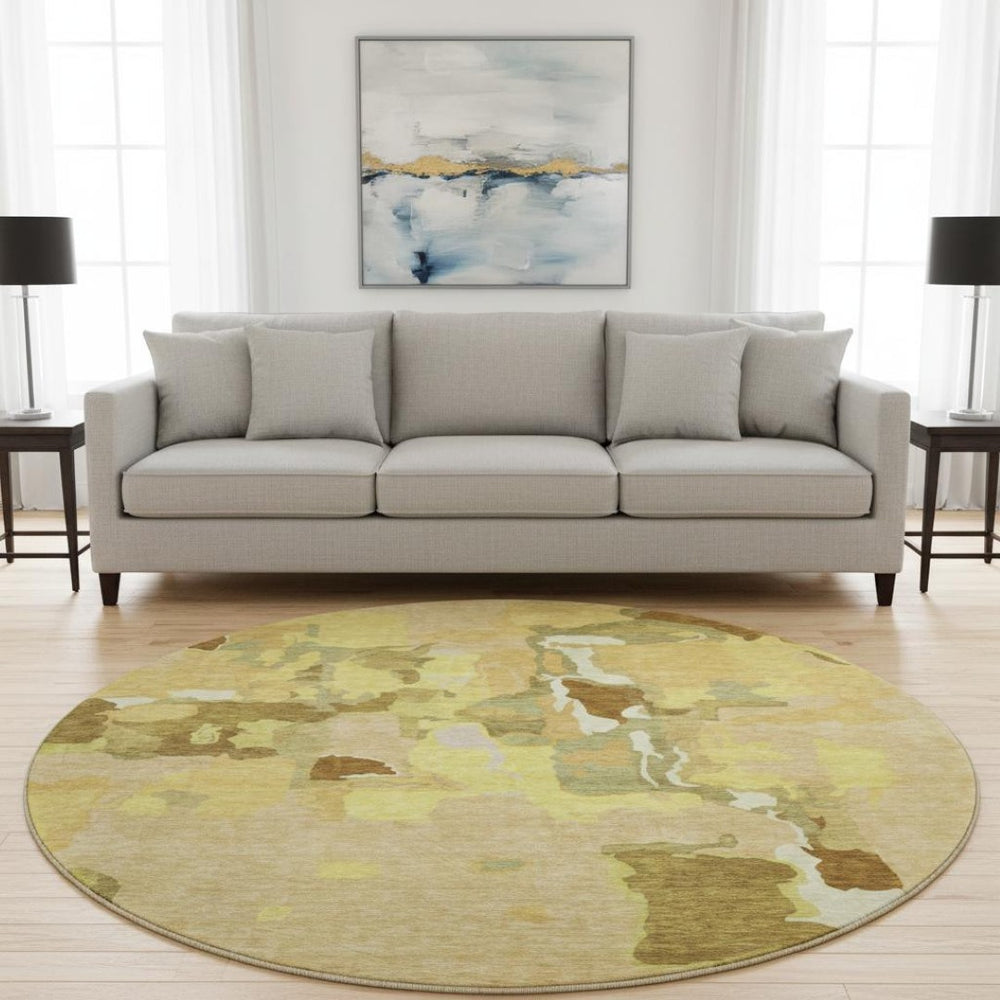 HomeRoots 8' Gold Brown Beige Abstract Round Rug - Washable, UV-Protected, Durable, Perfect for Modern Spaces 680720