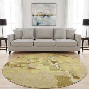 HomeRoots 8' Gold Brown Beige Abstract Round Rug - Washable, UV-Protected, Durable, Perfect for Modern Spaces 680720