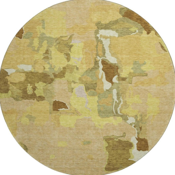 HomeRoots 8' Gold Brown Beige Abstract Round Rug - Washable, UV-Protected, Durable, Perfect for Modern Spaces 680720