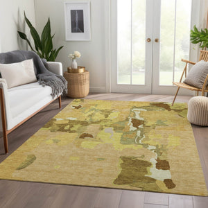 HomeRoots 8' X 10' Washable Abstract Area Rug in Gold, Brown & Beige - UV Protected, Stain Resistant Comfort 680721
