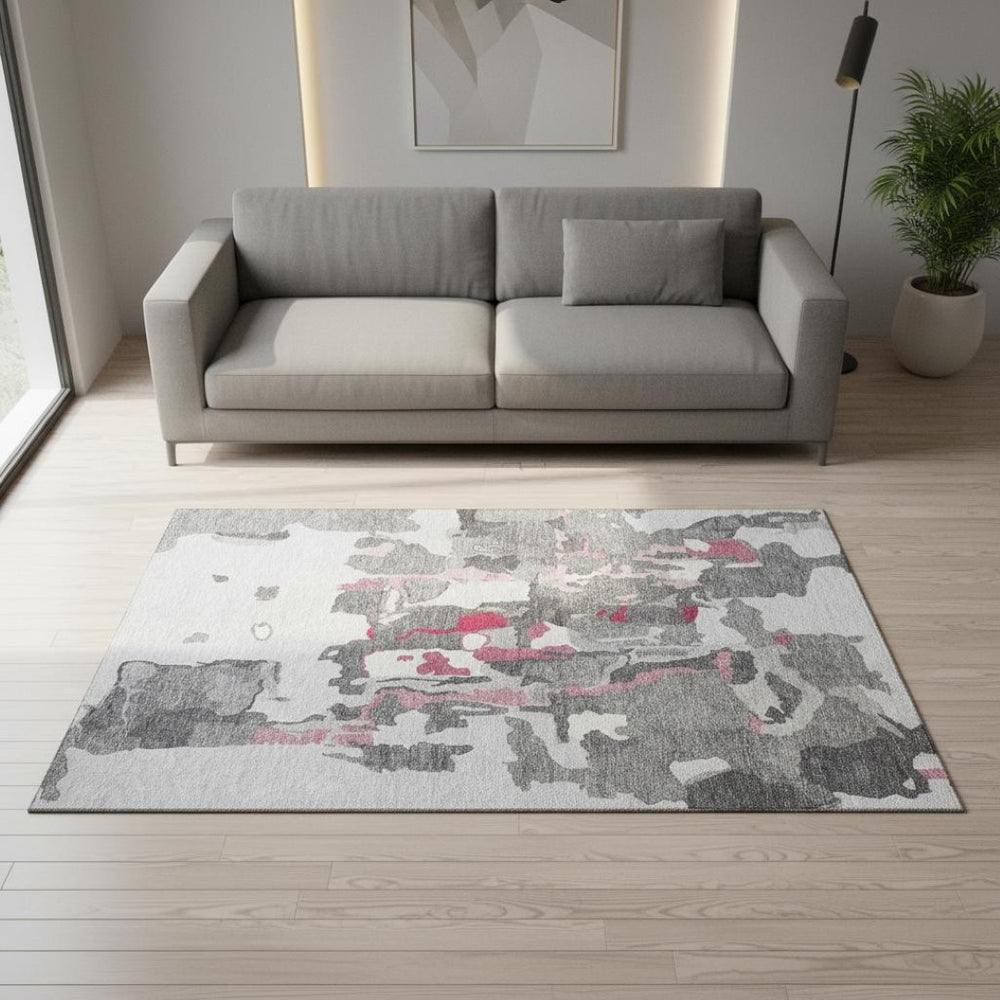 HomeRoots 5' X 8' Gray Pink Ivory Abstract Washable Area Rug - UV Protected, Durable, and Family-Friendly Design 680725
