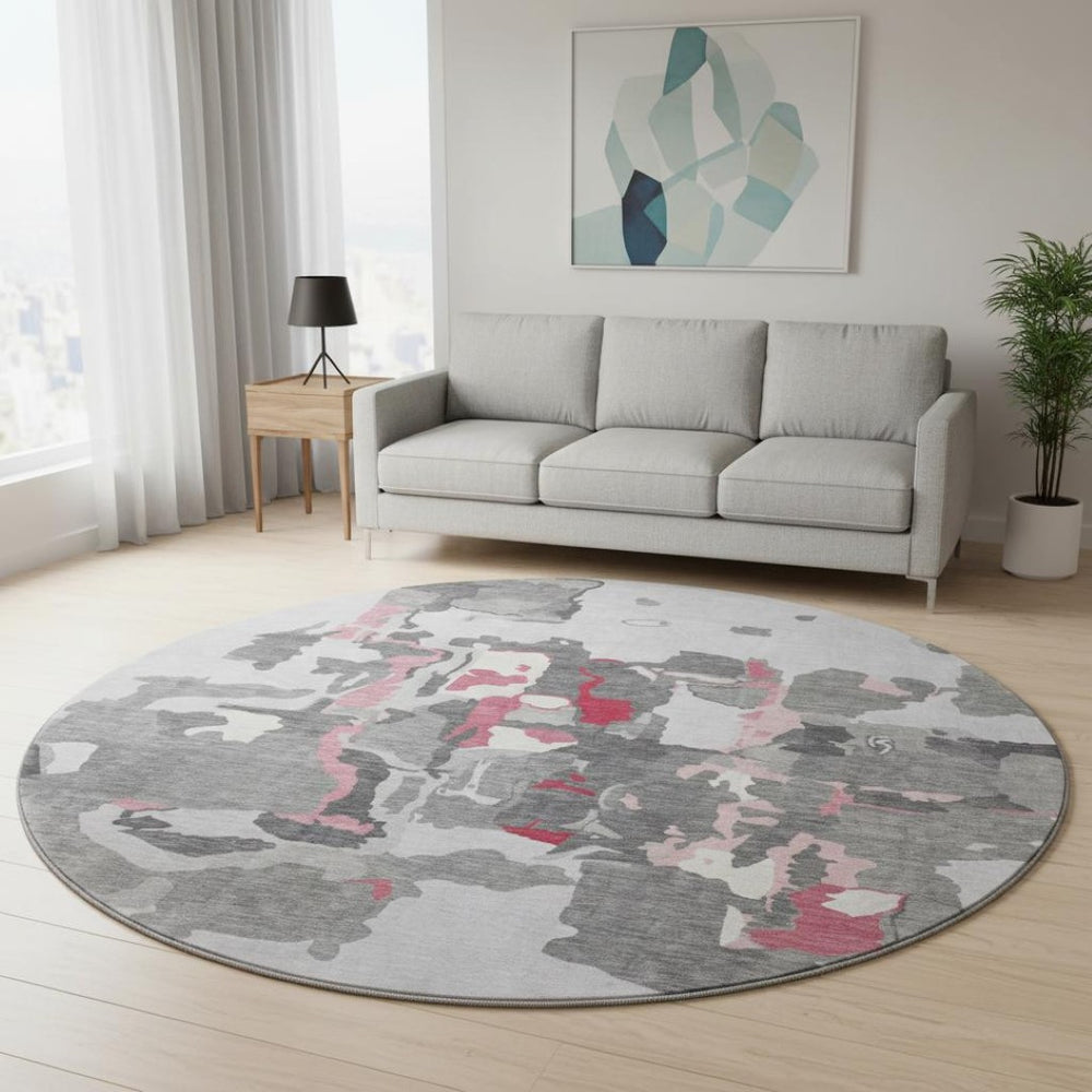 HomeRoots 8' Gray Pink And Ivory Abstract Round Rug - Washable, UV Protected, Stain Resistant for Modern Spaces 680726