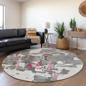 HomeRoots 8' Gray Pink And Ivory Abstract Round Rug - Washable, UV Protected, Stain Resistant for Modern Spaces 680726