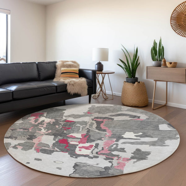 HomeRoots 8' Gray Pink And Ivory Abstract Round Rug - Washable, UV Protected, Stain Resistant for Modern Spaces 680726