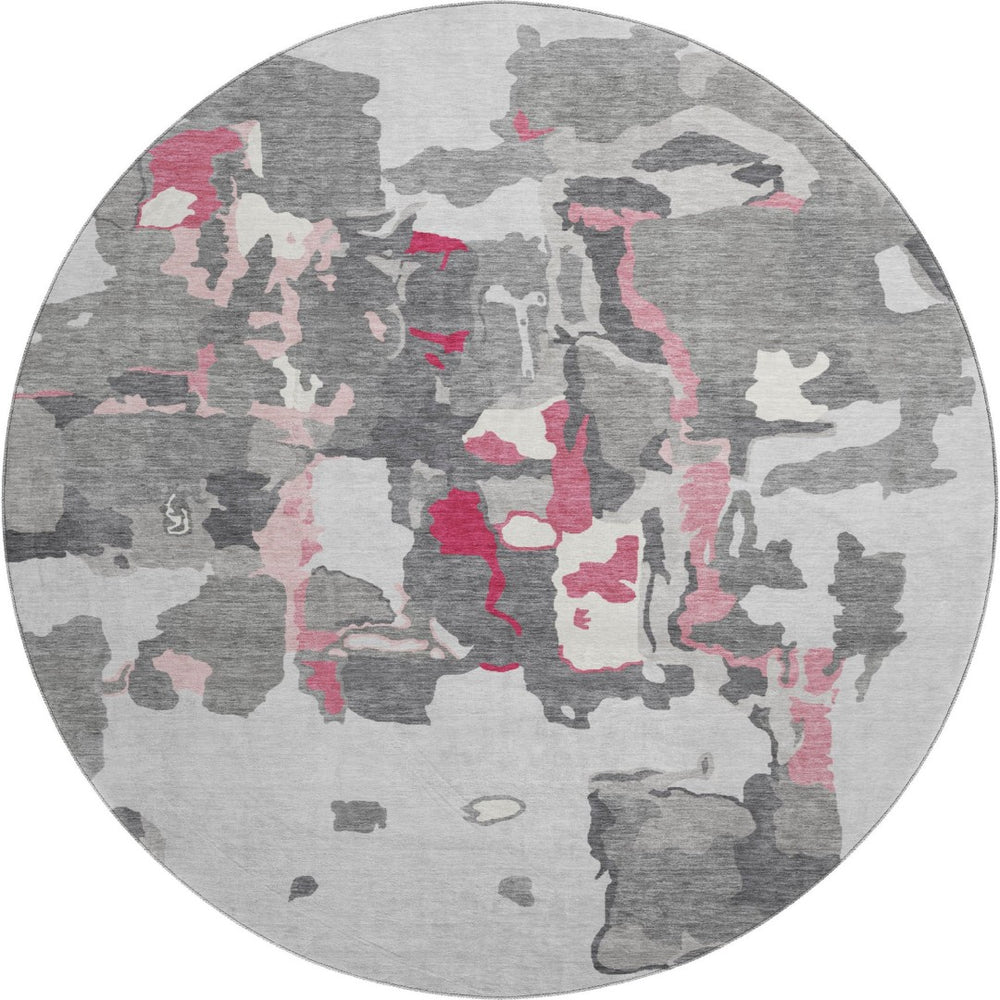 HomeRoots 8' Gray Pink And Ivory Abstract Round Rug - Washable, UV Protected, Stain Resistant for Modern Spaces 680726