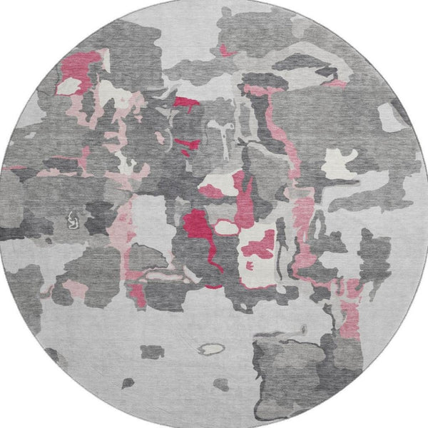 HomeRoots 8' Gray Pink And Ivory Abstract Round Rug - Washable, UV Protected, Stain Resistant for Modern Spaces 680726