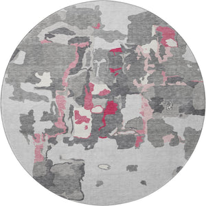 HomeRoots 8' Gray Pink And Ivory Abstract Round Rug - Washable, UV Protected, Stain Resistant for Modern Spaces 680726