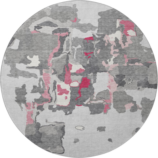 HomeRoots 8' Gray Pink And Ivory Abstract Round Rug - Washable, UV Protected, Stain Resistant for Modern Spaces 680726
