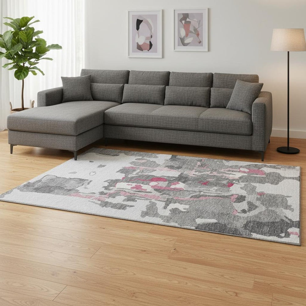 HomeRoots 8' X 10' Abstract Washable Area Rug in Gray, Pink & Ivory - UV Protected, Durable & Stylish for Homes 680727