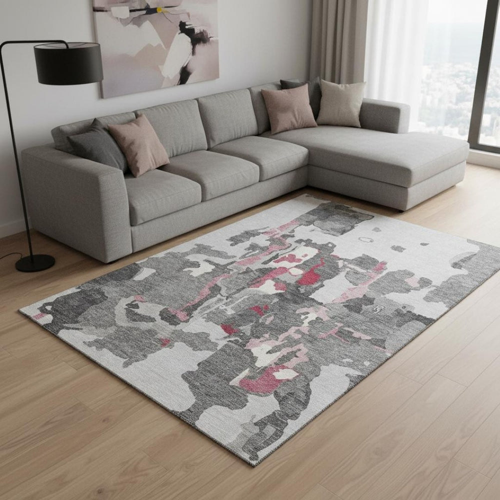 HomeRoots 9' X 12' Modern Abstract Washable Area Rug in Gray, Pink & Ivory - UV Protected, Easy-Care Design 680728