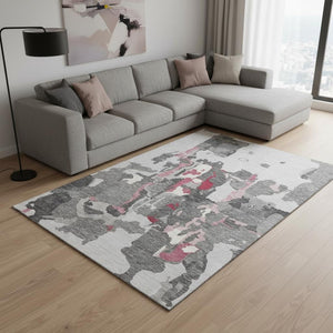 HomeRoots 9' X 12' Modern Abstract Washable Area Rug in Gray, Pink & Ivory - UV Protected, Easy-Care Design 680728