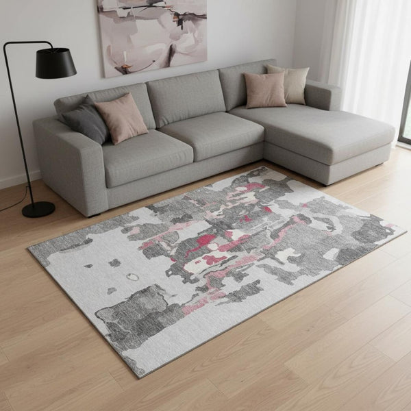 HomeRoots 10' X 14' Gray Pink Ivory Abstract Area Rug - Durable, Washable, UV-Protected for High-Traffic Spaces 680729