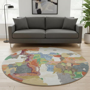 HomeRoots 8' Abstract Washable Round Rug in Ivory, Orange, Blue & Green - UV Protected & Pet-Friendly Design 680732