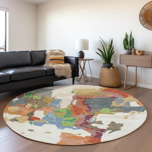 HomeRoots 8' Abstract Washable Round Rug in Ivory, Orange, Blue & Green - UV Protected & Pet-Friendly Design 680732