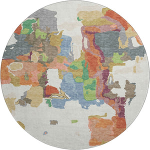 HomeRoots 8' Abstract Washable Round Rug in Ivory, Orange, Blue & Green - UV Protected & Pet-Friendly Design 680732