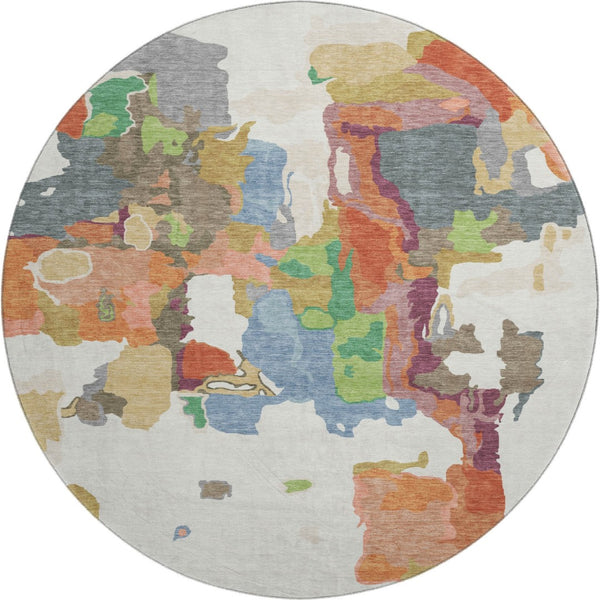 HomeRoots 8' Abstract Washable Round Rug in Ivory, Orange, Blue & Green - UV Protected & Pet-Friendly Design 680732